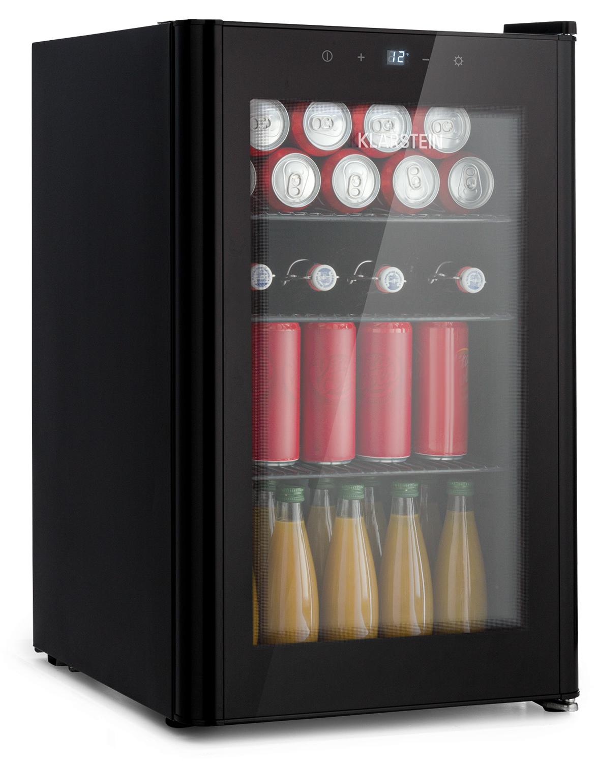 Klarstein Mini Kühlschrank mit Glastür & LED, Mini-Kühlschrank für Zimmer, Getränkekühlschrank Klein mit Herausnehmbaren 3 Ablagen, Kleiner Kühlschrank 70L, Indoor/Outdoor Kühlschrank Leise, 0-10°C