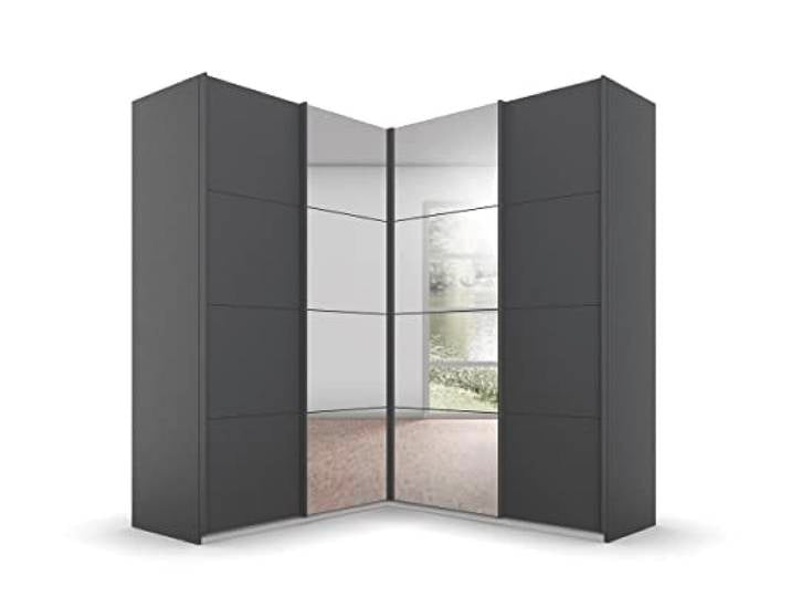 Rauch Möbel QUADRA, Eckschrank, Farbe Grau metallic, Breite 181 cm Eckschrank mit Schwebetüren, 4-türig, mit Spiegel, für Schlafzimmer, Gästezimmer, Ankleidezimmer, Garderobe