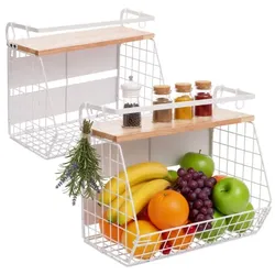 Relaxdays Obstkorb Wandregal magnetisch 2er Set Weiß,Hellbraun