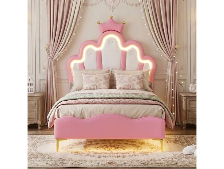 Lit enfant 90x200 avec LED Lit fille 90x200 cm avec décor couronne Lit princesse fille Sommier à Lattes Lit Simple PU Rose