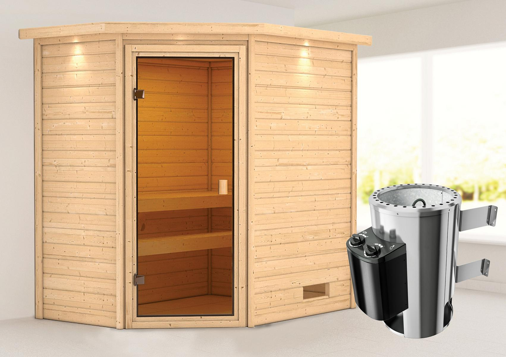KARIBUHOLZT Sauna Jella Eck, 3,6kW int.Strg m.Dachkranz 16880469