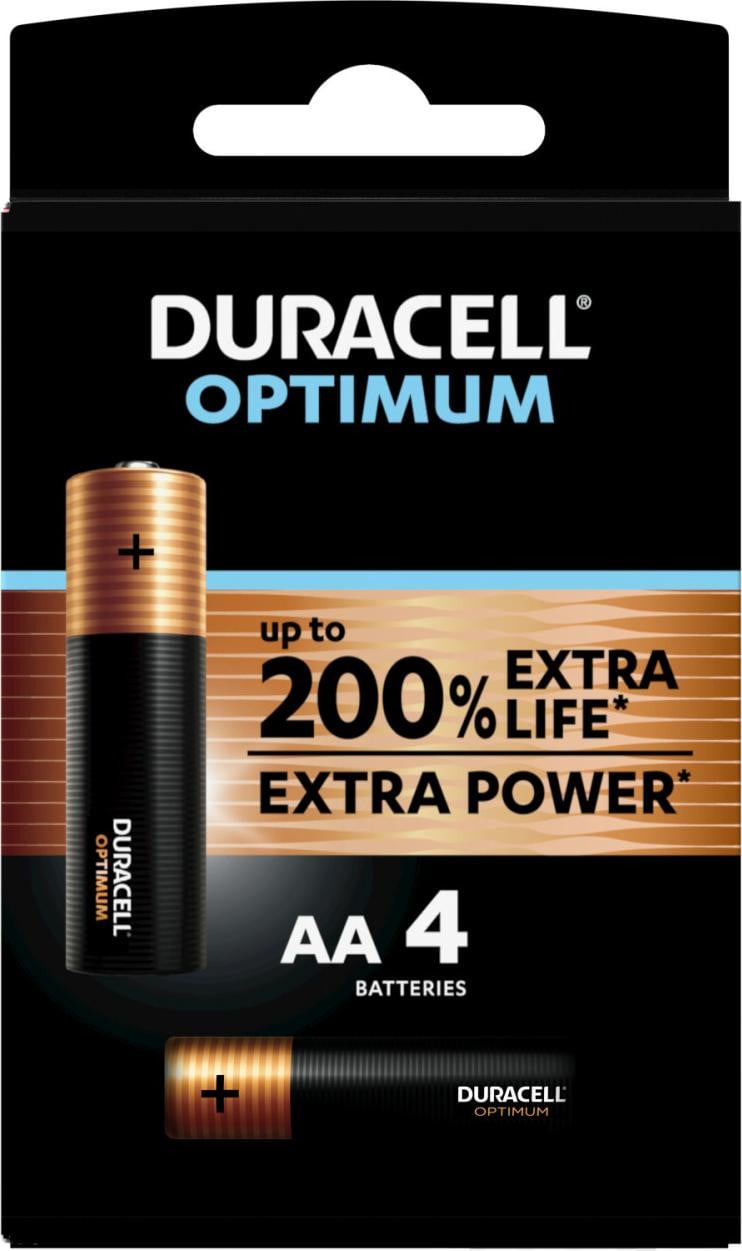 Duracell Optimum AA Alkaline Wegwerpbatterijen 1,5 V, 4 stuks, Meerkleurig