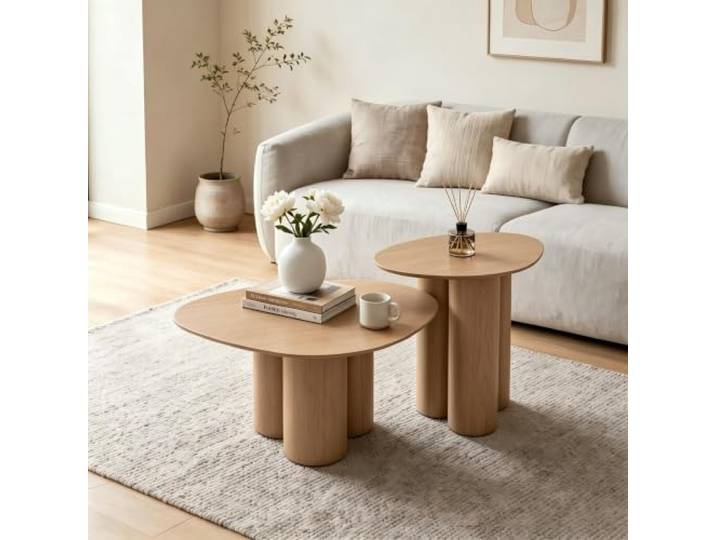 Couchtisch‑Set 2‑teilig, Couchtisch & Beistelltisch mit Echt‑Furnier, modernes Design für Wohnzimmer (Naturfarbe)