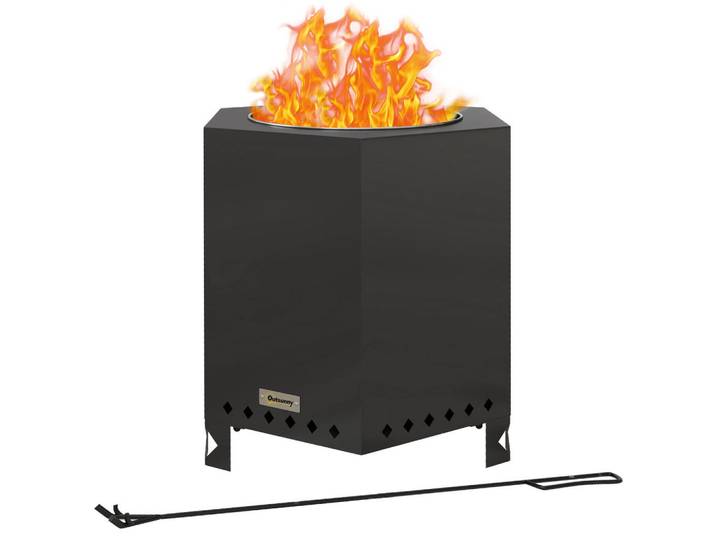 ComfortXL Feuerschale De-10349 rauchfrei mit Schürhaken SilberundSchwarz, Metall, 38.8x46.5x45 cm, Gartenmöbel, Feuerschalen & Feuerkörbe