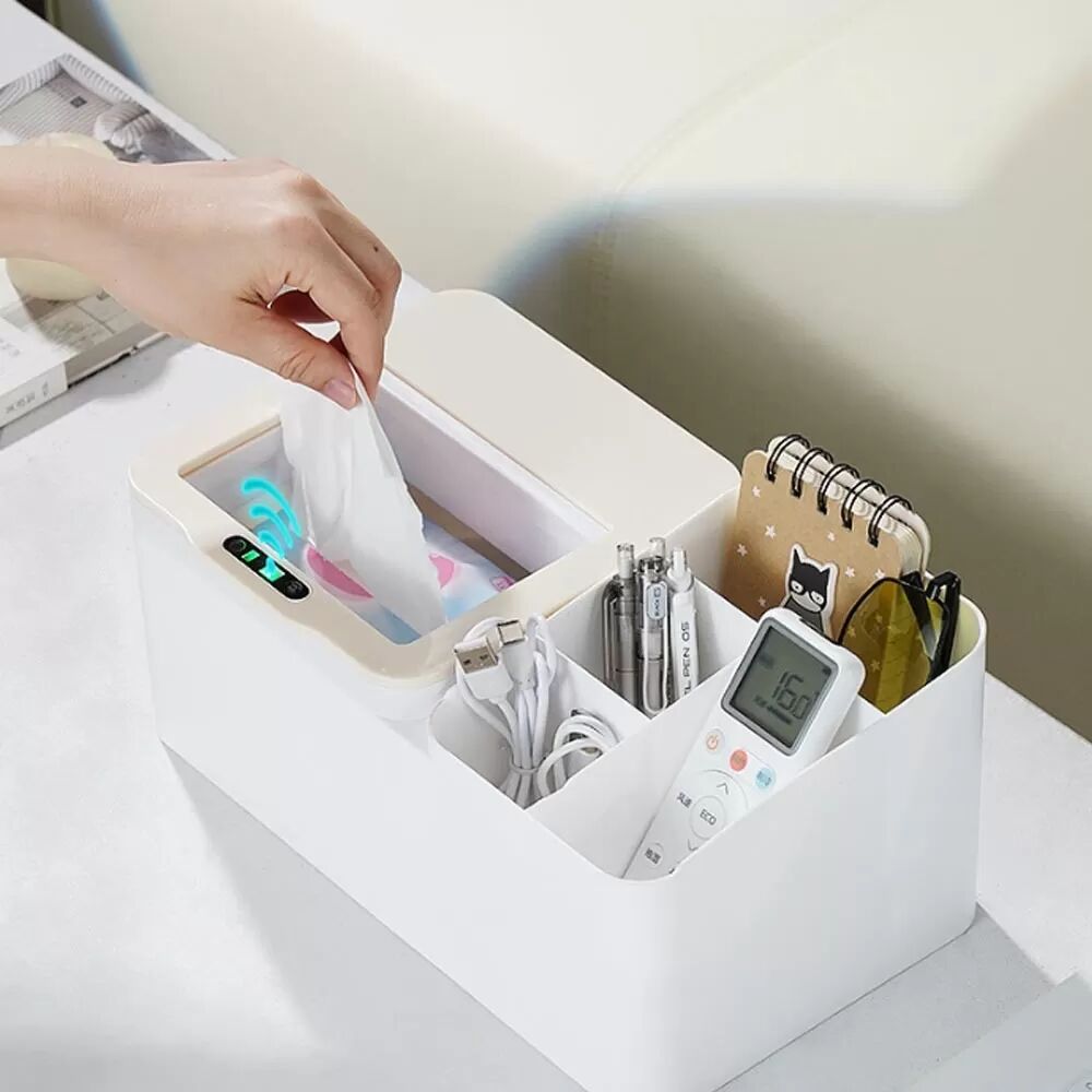 INF Elektrische Schreibtisch-Aufbewahrungsbox mit intelligentem Sensor – Innovatives Schiebedeckel-Design Beige