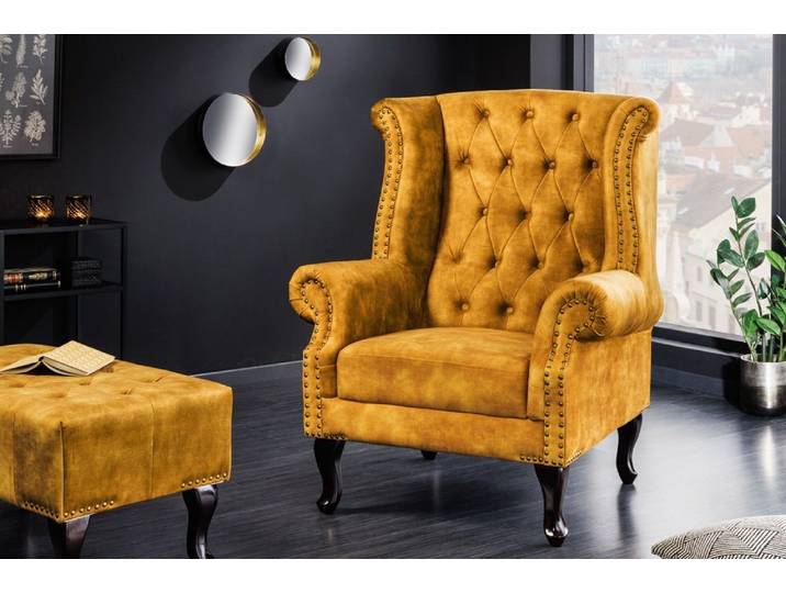 riess-ambiente Ohrensessel CHESTERFIELD 105cm senfgelb / dunkelbraun (Einzelartikel, 1-St), Wohnzimmer · Samt · Holz · Relax · Schlafzimmer