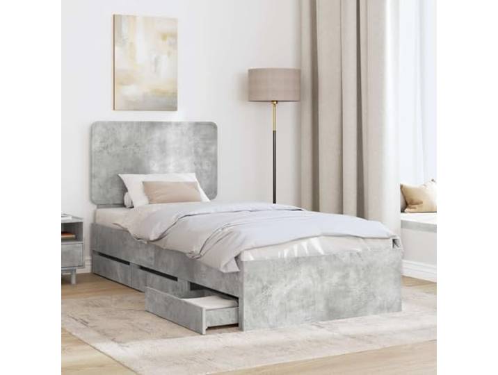 SKTQYQO Bettgestell grau Zement 90 x 200 cm Technisches Holz, 6 versteckte Schubladen, robuste Latten, einfache Montage