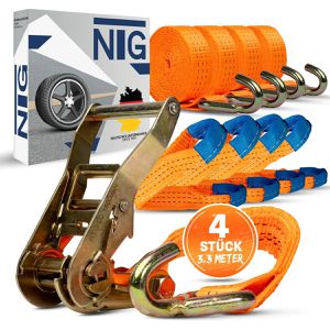 NTG Spanngurt für Autotransporte, mit Spitzhaken und Ratsche, 3000 kg Zurrkraft, DIN EN 12195-2, 35 mm x 3,3 m, 4 Stück