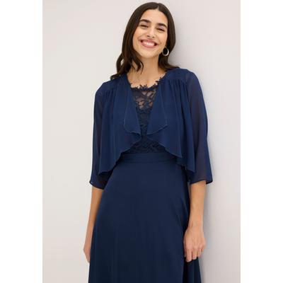 Boleroblazer BONPRIX, Damen, Gr. 48, blau (dunkelblau), Chiffon, Obermaterial: 100% Polyester, leicht transparent, unifarben, figurumspielend taillenlang, Blazer, für festliche Anlässe und Hochzeiten, 3/4-Ärmel, Wasserfallkragen