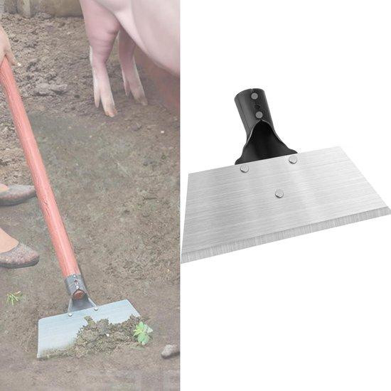 Multifunctionele tuinschep en reinigingsborstel van staal en hout met zilveren details