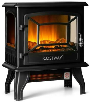 Costway Freestanding Fireplace Heater with Realistic Dancing Flame Effect-Black
