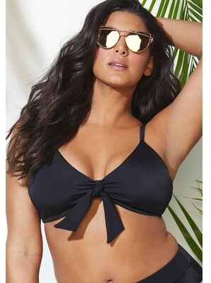 Plus Size Women's Mentor Tie Front Bikini Top by Swimsuits For All in Black (Size 24)