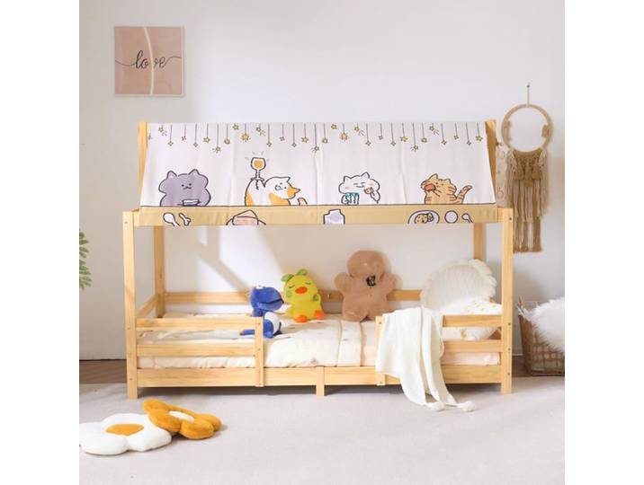 Lit cabane enfant - LALAHO - Cabane tissu - 90x190 cm - Sommier à lattes inclus - Bois massif naturel