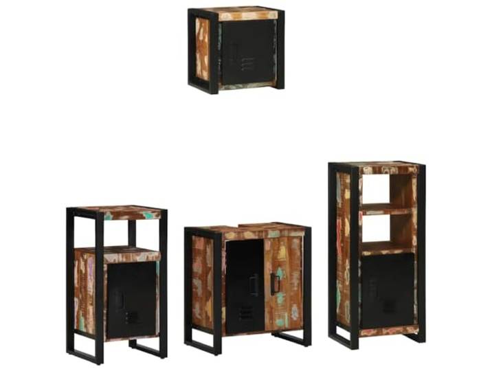 LMTYOENFG Badezimmermöbel-Set 4-teilig Massives Upcycling-Holz Schwarz Vielseitige Badmöbel Kombination aus Wand- und Standelementen mit Fachböden für Bad und Gästewc.