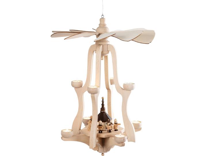 Weihnachtspyramide SAICO ORIGINAL Hängepyramide, Seiffener Kirche , beige (natur), B:48cm H:65cm T:48cm, Holz teilmassiv, Holzwerkstoff, Weihnachtspyramiden, Weihnachtspyramide, für 8 Teelichte, HxØ: ca. 65x46 cm, Kettenlänge ca. 30 cm