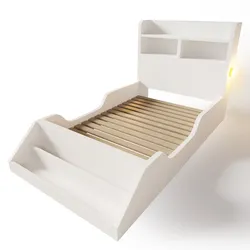 MODFU Einzelbett Holz Weiß 90x200 cm mit Lattenrost, Ablagefächern, abnehmbarem Bücherregal und Nachtlichtern