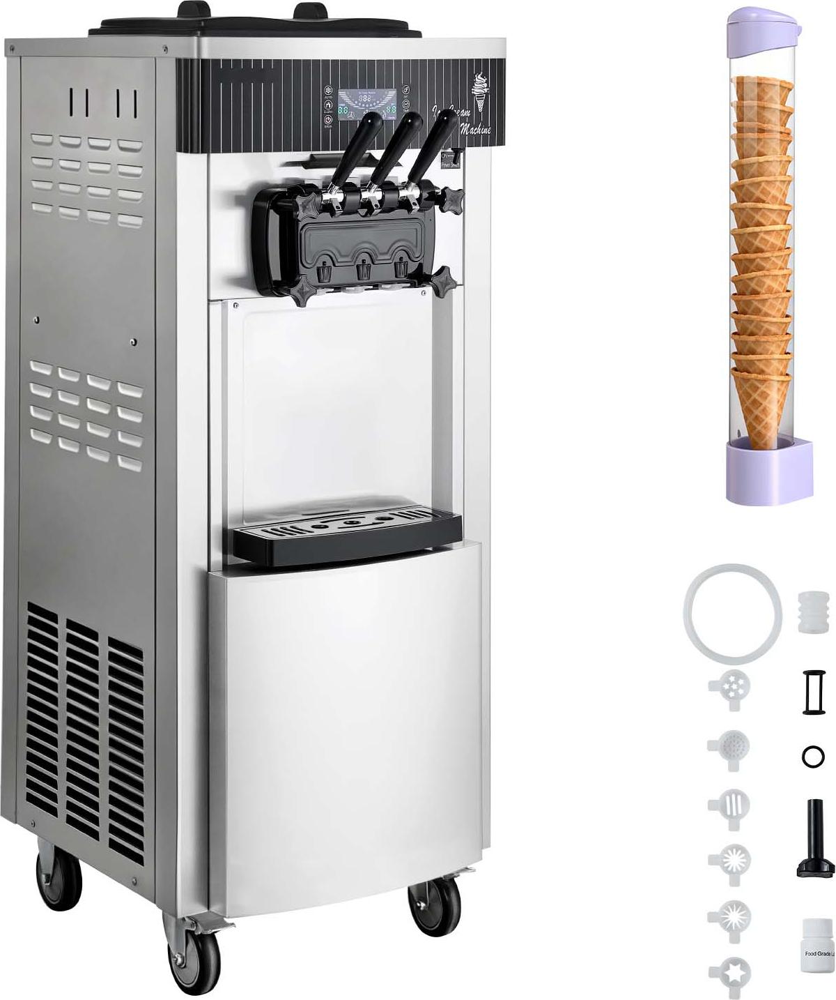 SucceBuy Kommerzielle Softeismaschine 2200 W, Freistehendes Modell mit 20-28 L/h Kapazität, 3 Geschmacksoptionen & 2 Behältern (6 L), Vorkühl- und Selbstreinigungsfunktion für Snack- und Dessertgeschäfte
