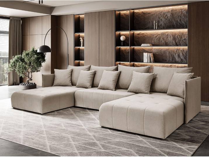Margaret Hadas24 Ecksofa U Form Hanna 348x188 cm mit Schlaffunktion Bettkasten, Couch, 5 Sitzer Bettzeugablage Big Sofa Eckcouch, Schlafsofa capuccino