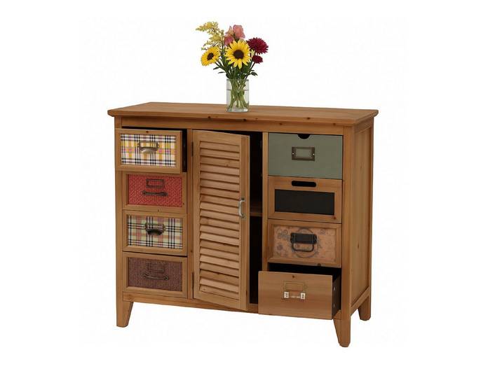 MCW Apothekerschrank MCW-O63-G Schubladenfronten im Mix aus Mustern und Farben mit Etikettenhaltern