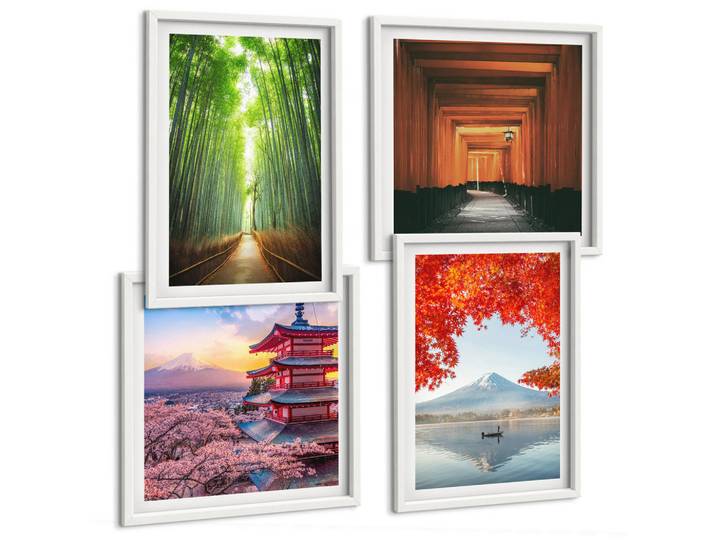 Tulup Bilder SET 4er Set - 50x50 cm & 40x60 cm Weißer Rahmen - Fuji-Torii-Bambuswald, Japan, Kunststoff, Rechteckig, 50x50 cm, gerahmt, Bilder & Rahmen, Bilder