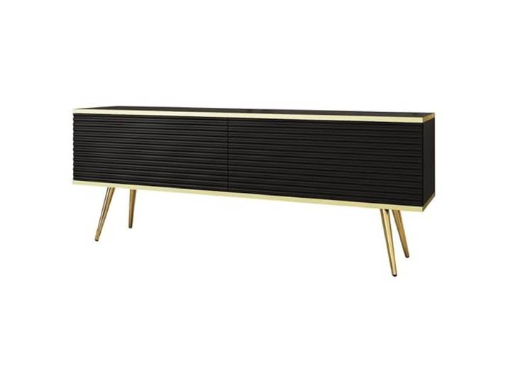 MINIO go for it - TV-Schrank ORO 135 cm Lowboard Hängend oder stehend, mit goldenen Beinen, goldfarbener Rand, Schichtstoffplatte, horizontale 3D-Latte, Schwarz matt