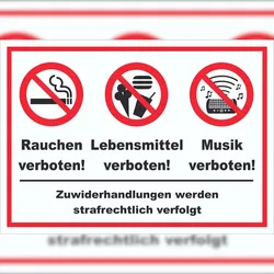 HB-Druck Schild Essen Trinken Musik Rauchen verboten A6 Rückseite selbstklebend