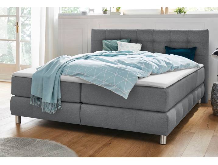 Boxspringbett, Grau, 214x211 cm, Struktur (100% Polyester), Inkl. Topper, Skandi, Andas