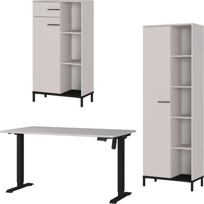Büromöbel-Set GERMANIA "GW-Rovigo", beige (kaschmir, schwarz), B:298cm H:190cm T:80cm, Holzwerkstoff, Metall, Arbeitsmöbel-Sets, Büromöbel-Set, Schreibtisch elektrisch höhenverstellbar