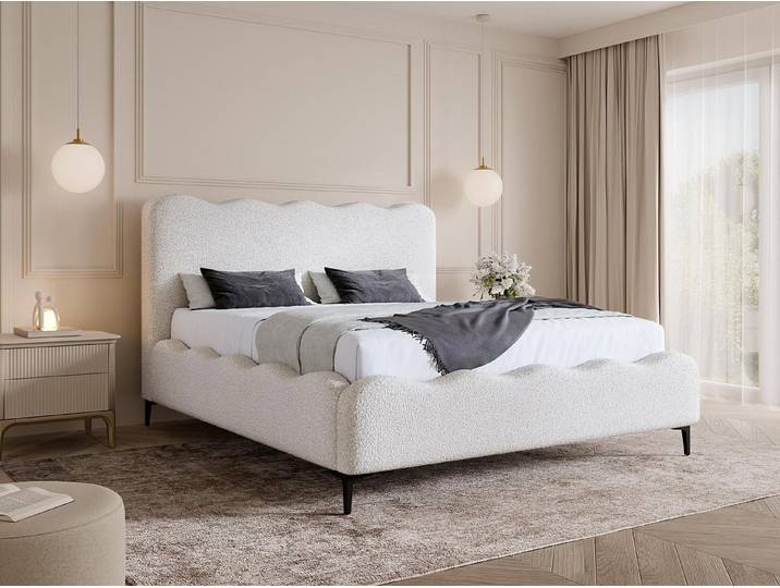 Compleo Polsterbett mit hohen Füßen, Designerbett, Bouclé-Stoff, Luxus Schlafzimmer, gepolstertes Doppelbett