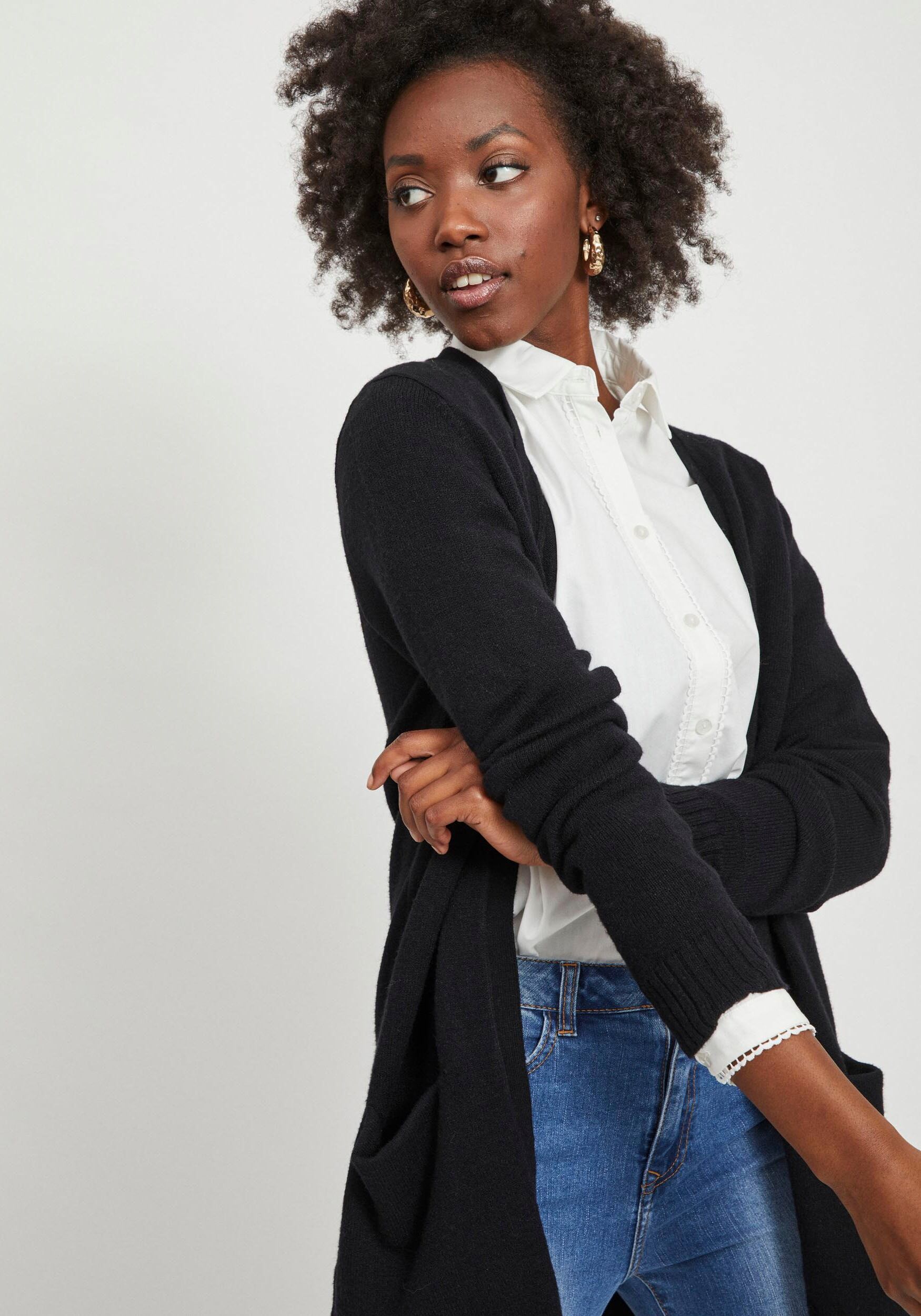 Cardigan VILA "VIRIL OPEN L/S KNIT CARDIGAN - NOOS", Damen, Gr. XXL, schwarz, Feinstrick, Obermaterial: 50% Viskose, 27% Nylon, 23% Polyester, unifarben, Basic, hüftbedeckend, tiefer V-Ausschnitt, Rippbündchen, Strickjacken Cardigan, in offener Form schwa