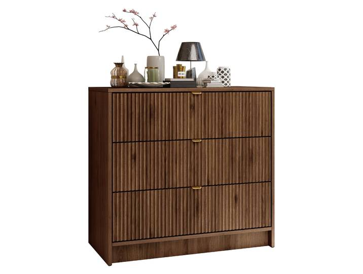 MIRJAN24 Kommode Tireno 3SZ, Sideboard mit drei Schubladen, Aluminiumgriff in der Farbe Gold (Farbe: Nuss Okapi)