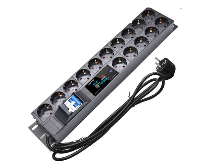 Multiprise PDU 2U à montage sur armoire de 19 pouces, ampèremètre/voltmètre/testeur de puissance, prise européenne 15 voies, interrupteur d'air 16A, câble d'extension de 2M
