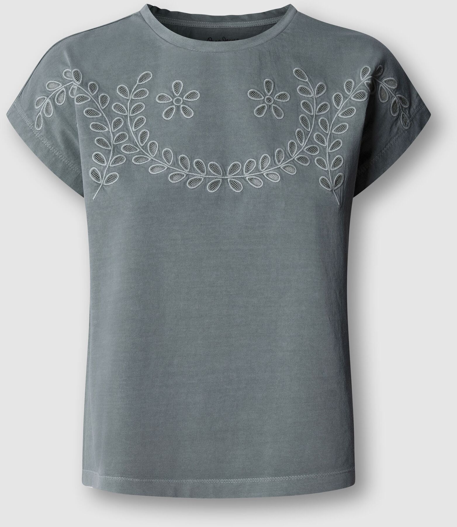 T-Shirt PEPE JEANS "MINA", Damen, Gr. S, grau (bleach grün), Jersey, Obermaterial: 100% Baumwolle, unifarben, hüftlang, Rundhals, abgesteppte Kante, Shirts T-Shirt, mit floraler Lochstickerei bleach grün S