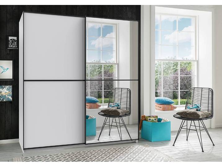 Schwebetürenschrank Ulm 180cm Weiß/Weiß mit Spiegeltür/-en