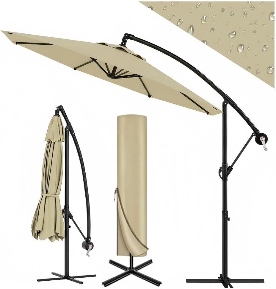 GarveeLife Ampelschirm Ø 300 cm mit Kurbel, Ständer und Windschutz | UV-geschützter, wasserdichter Gartenschirm für Terrasse und Balkon