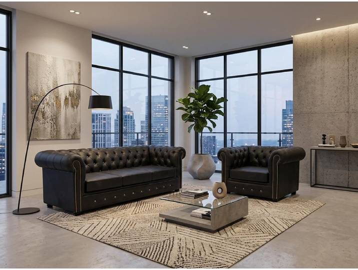 JVmoebel Polstergarnitur Klassisches Schwarzes 3-Sitzer Sofa Sessel Wohnzimmer Polstergarnitur, (1-tlg., 1-tlg)