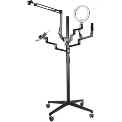 Wiltec 4in1 Stativ rollbar Handyhalterung Ringlicht Streaming Setup Fotostativ (Kunststoff, Metall), Stativ, Schwarz