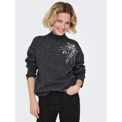 Strickpullover ONLY "ONLRIVA LS HIGH NECK EMB PULLOVER EX KNT", Damen, Gr. L, grau (dunkelgrau melange detail:stone embellishment), Strick, Obermaterial: 100% Polyacryl, bestickt, normal, Rundhals, Pullover Strickpullover