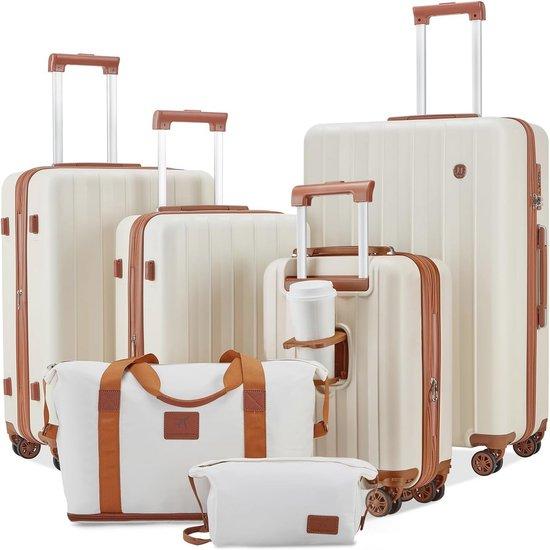 Hartschalenkoffer-Set 6-teilig mit 4 Rädern und TSA-Schloss Weiß Braun
