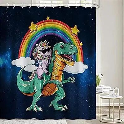 Inspire Daily Merch Creative Funny Cat Riding Dinosaur Shower Curtain Ocean Sea Waves Polyester Bathroom Decor With Hook 90x180cm 3