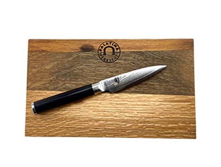 Kombatibel KAI Shun Messer DM-0700 Angebotsset – Damastmesser mit 9cm Klinge – handliches Officemesser ideal zum Schälen & Zerkleinern + 25x15 cm Schneidebrett aus Weinfassholz