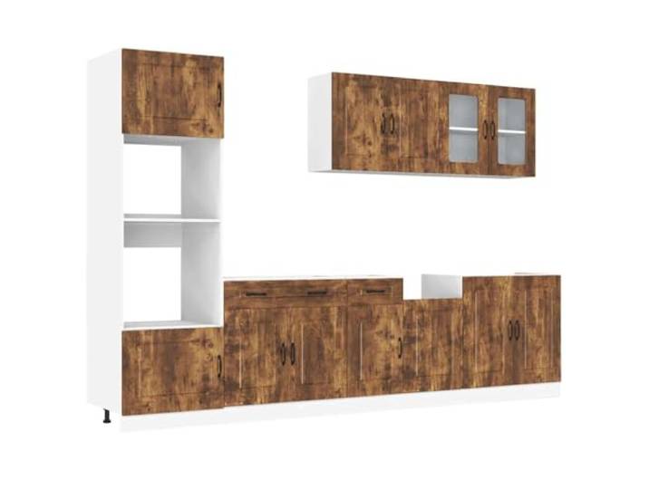 HKTMGDNG 7-tlg Küchenzeile Kalmar Räuchereiche Küchenschrank-Set Modulares 7-teiliges Küchenmöbel-Set für Küche und Essbereich mit anpassbaren Stellfüßen und edler Glasvitrine.