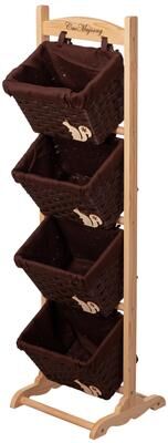 Wickerwise 4-Tier Wooden Frame Stand with Woven-Inspired Plastic Baskets Freestanding Organizer Rack