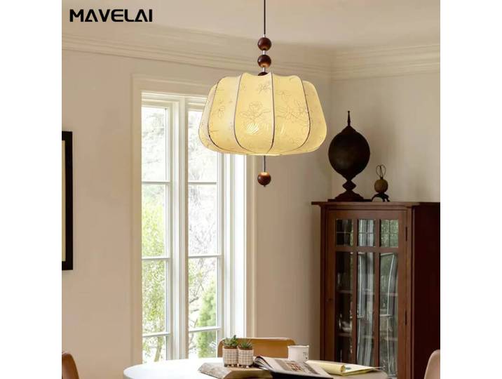 Nouveau Style chinois Style médiéval chambre suspension lampe Wabi-sabi Style rétro en bois massif lampe d'étude motif tissu éclairage intérieur