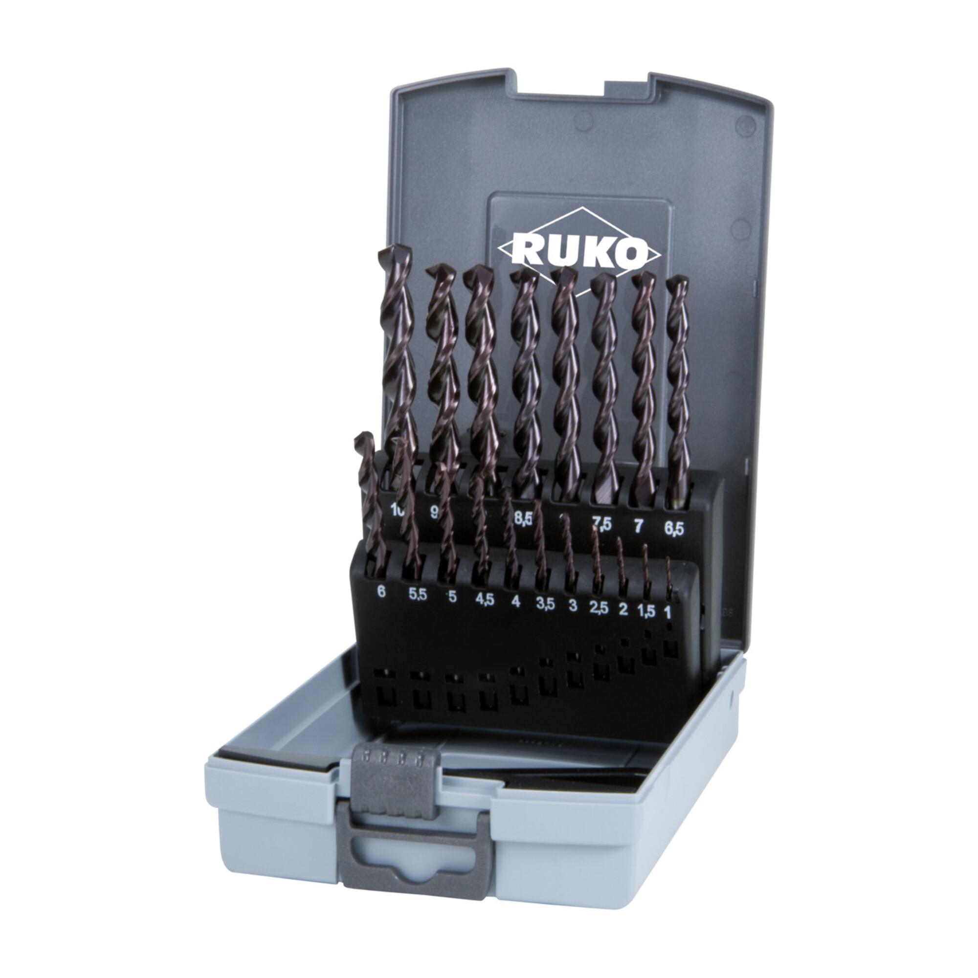 RUKO Spiralbohrersatz DIN338 Typ N TL 3000 D.1-10x0,5mm HSS TiAlN 19tlg.Ku.-Kassette (258214FRO)