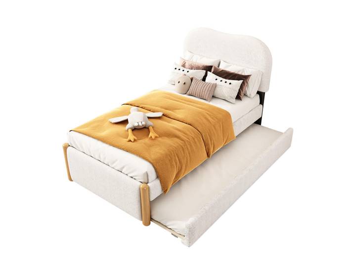 Flieks Flachbett 90x200cm Weiß gepolstert mit Rollbett minimalistisch, Holz, 90x200 cm, Schlafzimmer, Betten
