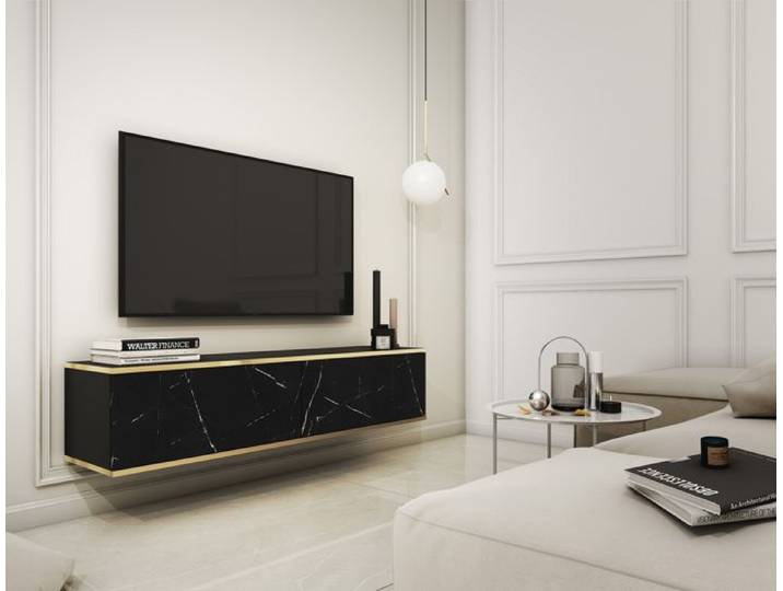 Meuble TV - MUCALMA - 135 cm - marbre noir avec inserts dorés