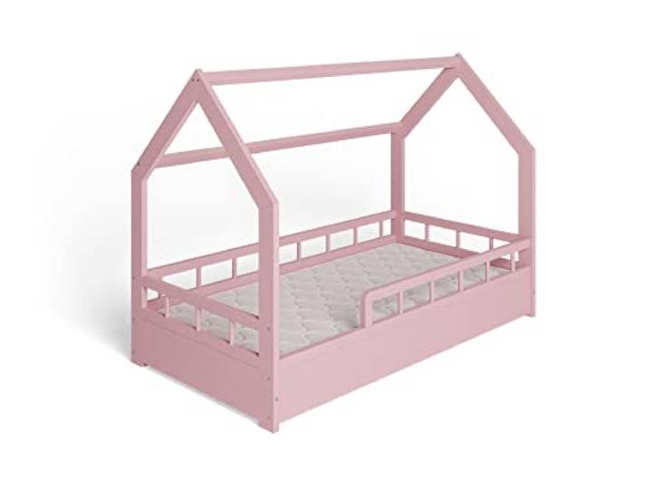 ms factory Hausbett Kinderbett 80x160 cm mit Rausfallschutz und Lattenrost - Einzelbett aus Kiefernholz für Mädchen und Junge - Rosa