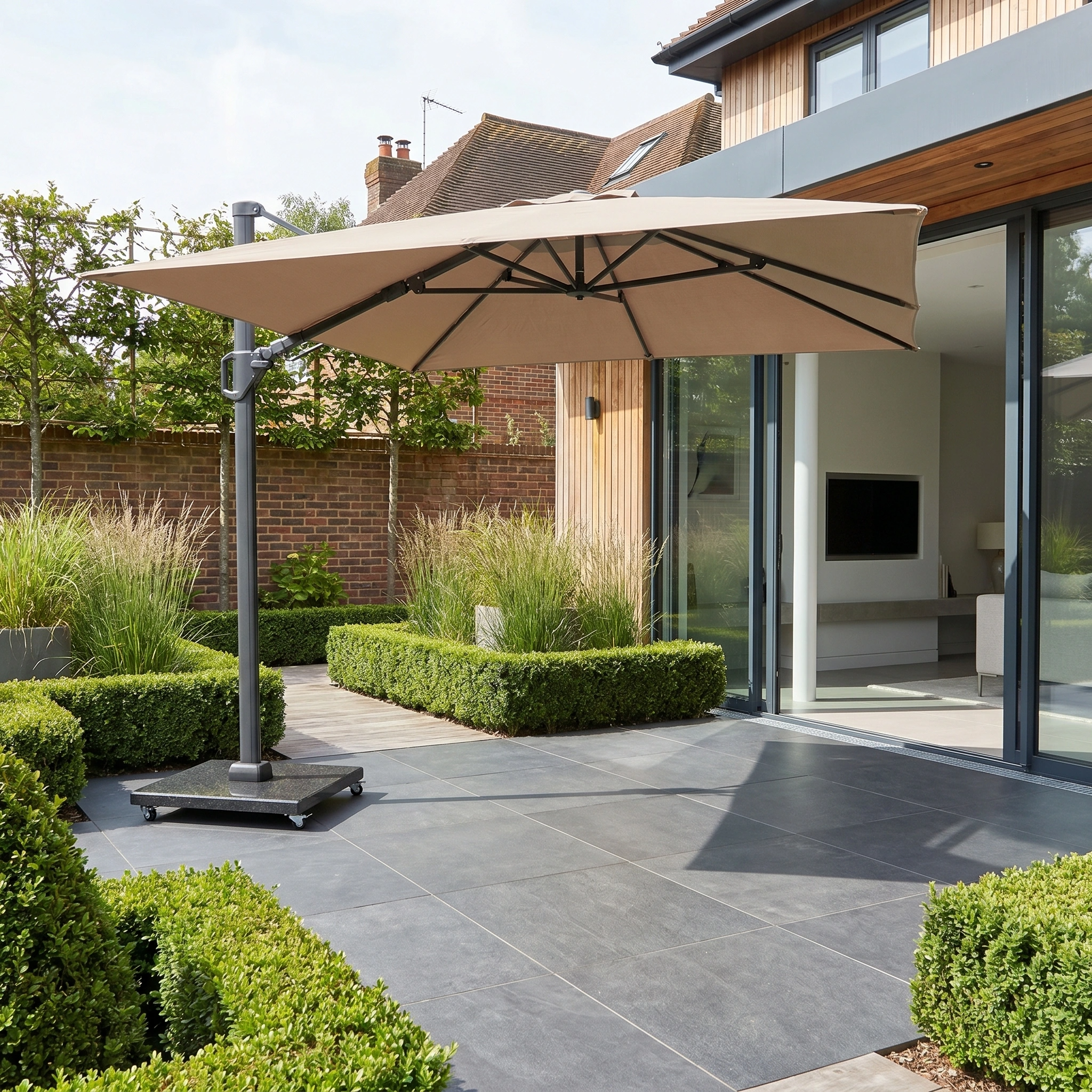Pacific Lifestyle Challenger T2 3.5m x 2.6m Rectangular Cantilever Parasol in Taupe with 90kg Granite Base