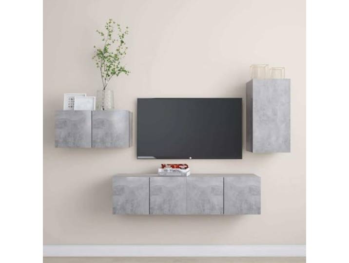 HEFZGDB 4-TLG. TV-Schrank-Set Betongrau Holzwerkstoff Wandmontage Stauraum Organizer